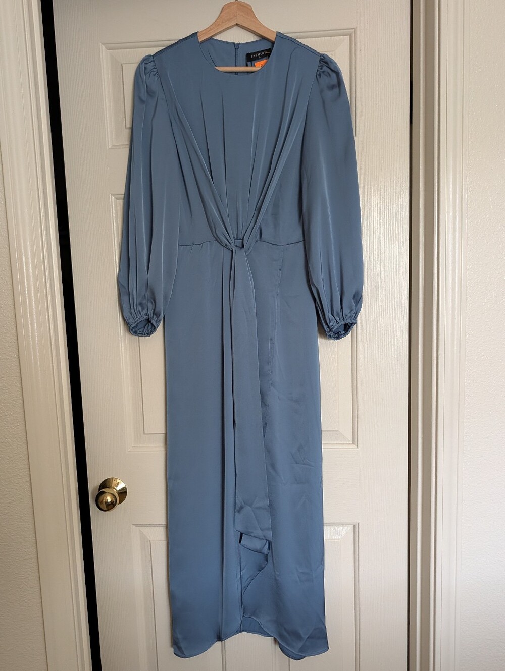 Slate Blue Long Sleeve Tie Front Dress